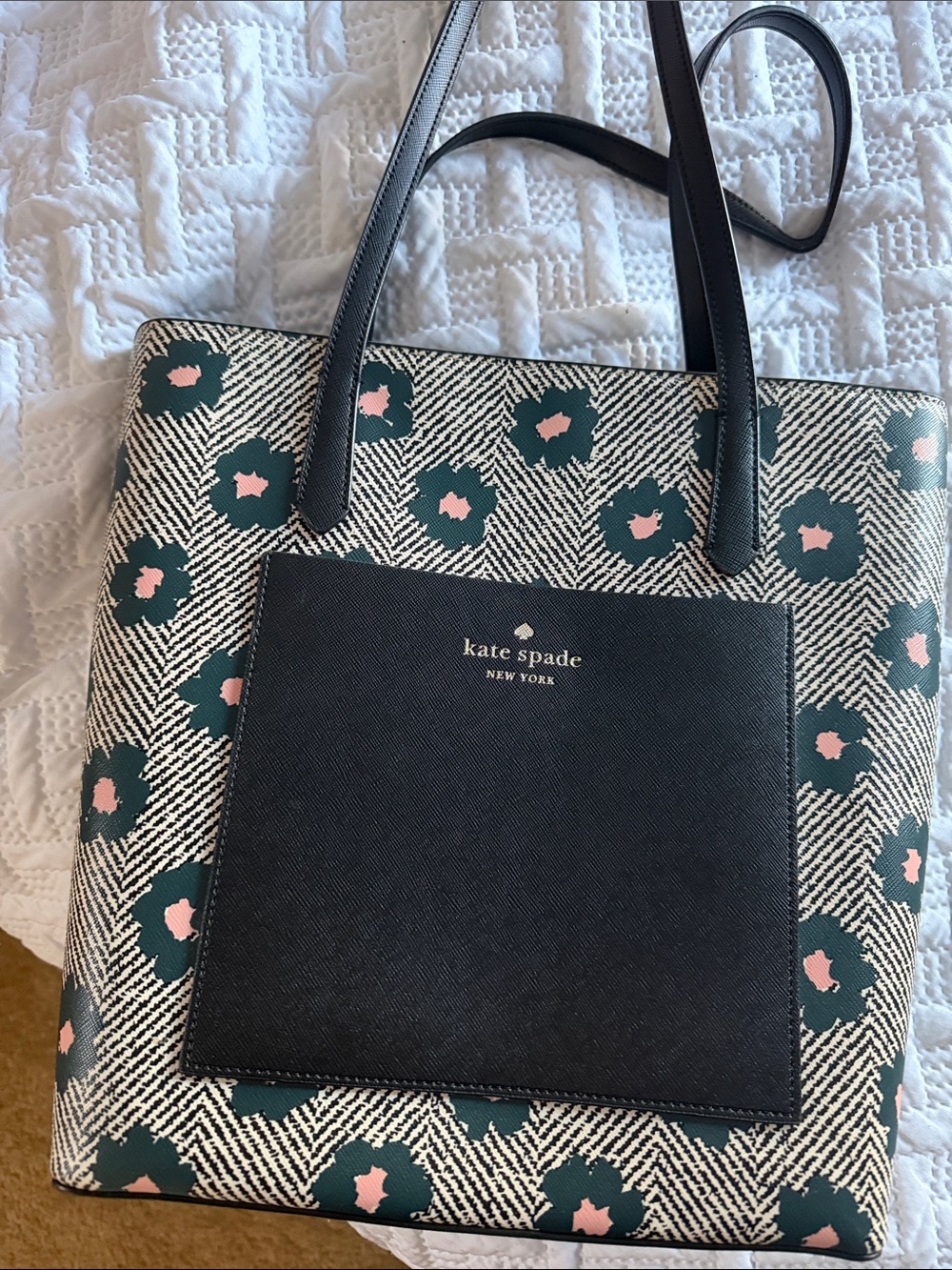 kate spade Black & Cream Floral Tote with Pink Accents